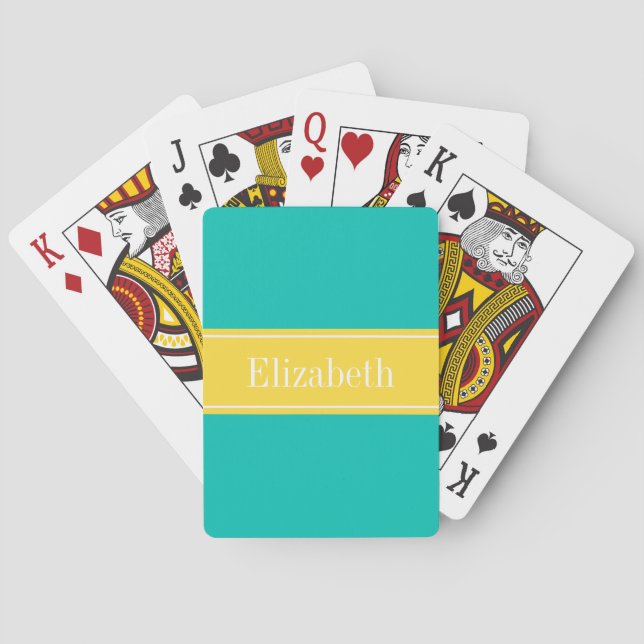 Jeu De Cartes Turquoise solide, ananas Nom du ruban Monogramme (dos)
