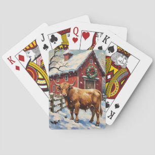 Jeu De Cartes Vache Highland vintage à la grange de Noël enneigé