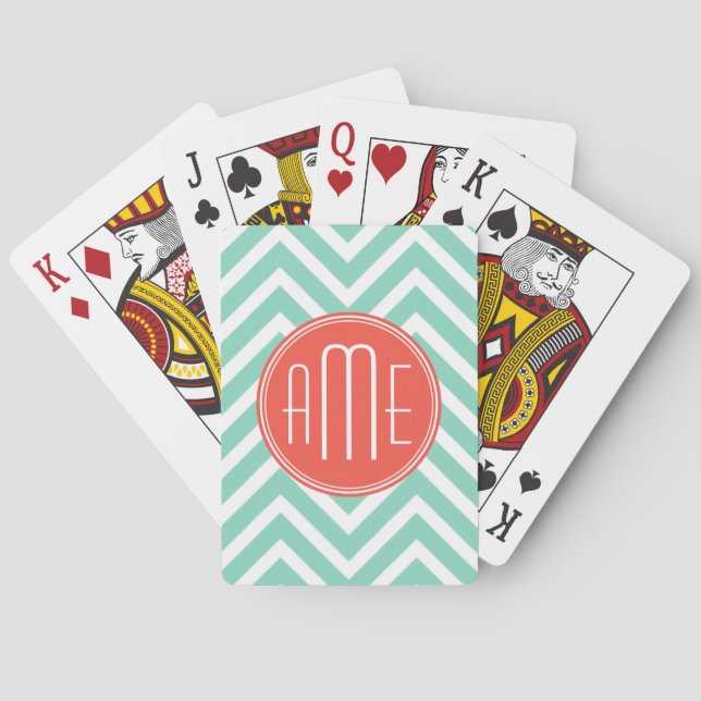 Jeu De Cartes Vert chic Chevron d'Aqua et monogramme fait sur (dos)