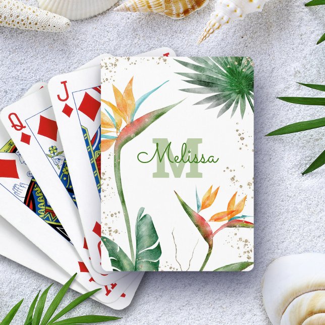 Jeu De Cartes White Tropical Island Floral Monogramme Or (Créateur téléchargé)