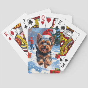 Jeu De Cartes Yorkshire Terrier dans la neige avec un chapeau de