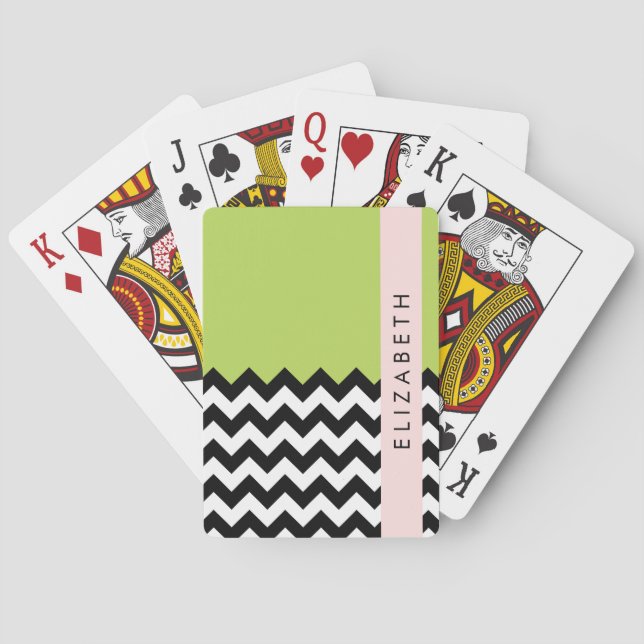 Jeu De Cartes Zigzag noir et blanc, Chevron, Vert, Votre nom (dos)
