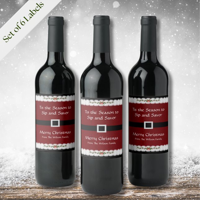 Jeu de Étiquette de bouteille de vin Red Père Noël (Personalize and give as a unique gift for a host, or as a fun touch for a corporate holiday party)