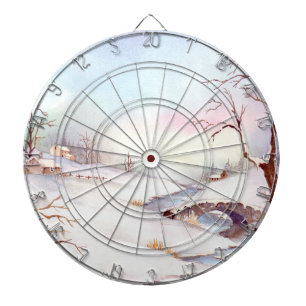 Jeu De Fléchettes Pont Snowy Aquarelle Paysage Peinture