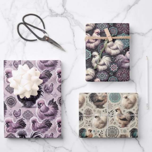 Jeu de papier à envelopper plat 3 feuilles de poul (Recto)