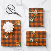 Jeu de papier cadeau orange Checker Fleur Envelopp