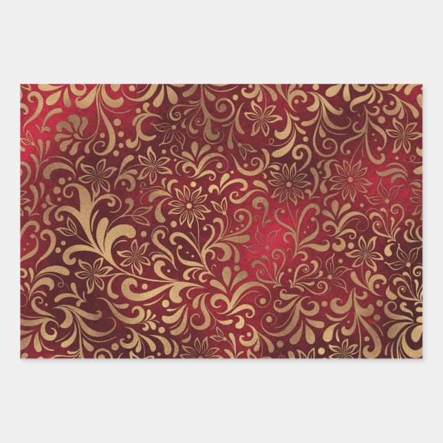 Jeu de papier d'enveloppement à motifs floraux rou (Devant)