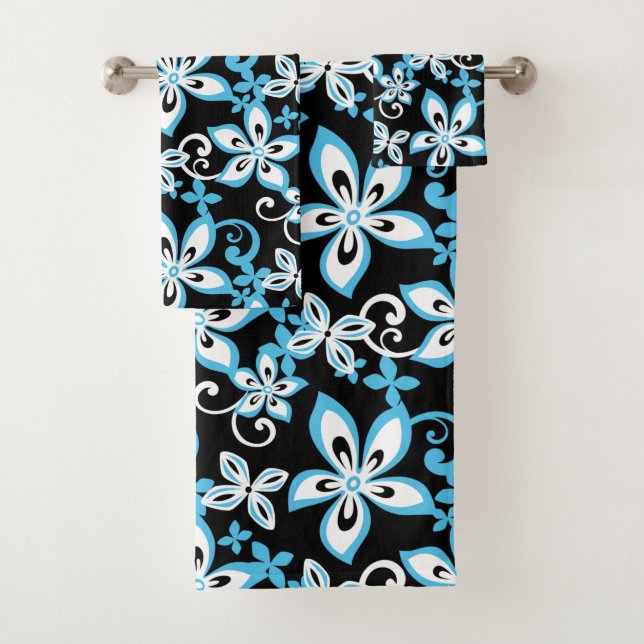 JEU DE SERVIETTES DE BAIN ALOHA HAWAII (NOIR/BLEU) (En situation)
