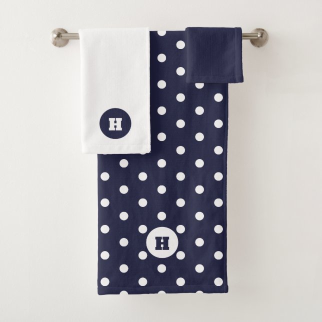 Jeu de serviettes de bain bleu bleu Polka blanc (En situation)