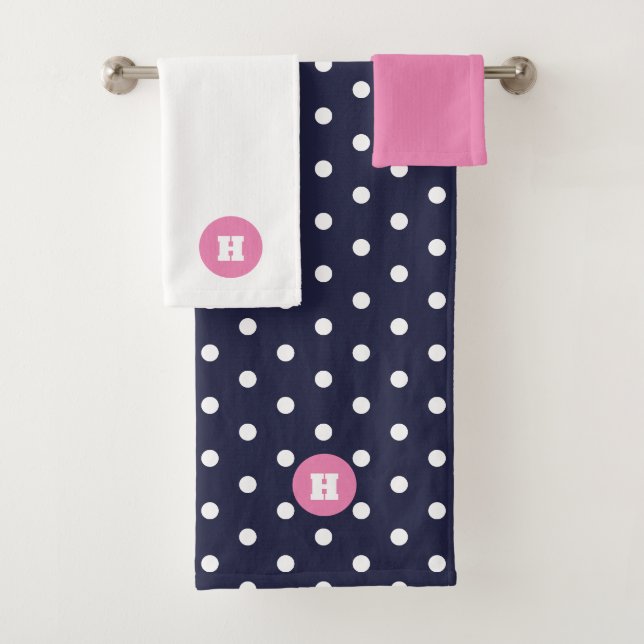 Jeu de serviettes de bain Marine bleu rose Polka P (En situation)