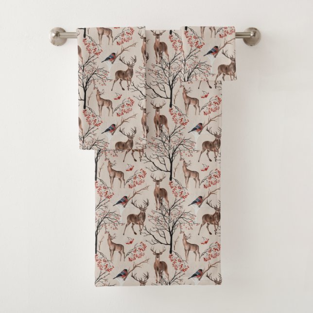 Jeu de serviettes de bain Motif de cerfs d'hiver (En situation)