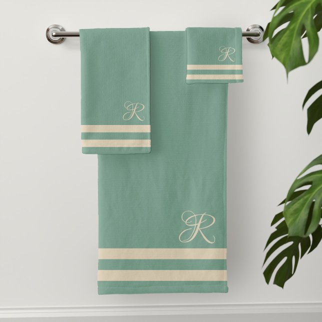 Jeu de serviettes de bain turquoise moderne (Sea green and cream sailor stripe bath towel set with your initial)