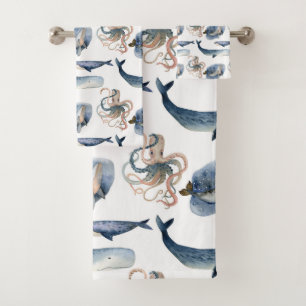Jeu de serviettes de baleine/pieuvre d'aquarelle m