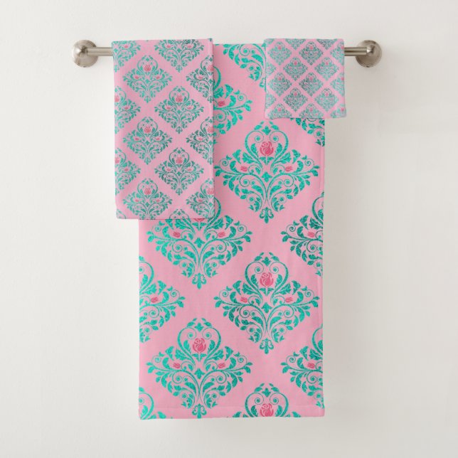 JEU DE SERVIETTES DE LUXE HAMPTON AQUA ROSE VIBRAN (En situation)
