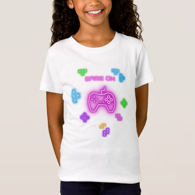 Jeu sur t-shirt du joueur de vidéo néon rose et ve (Devant)