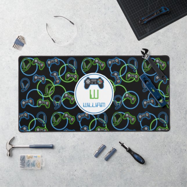 Jeu vidéo Neon Blue & Green Motif Monogramme (Poste de travail)