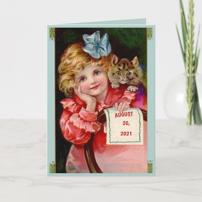 Jeune dame, chat, anniversaire, ruban, carte de vo (Devant)