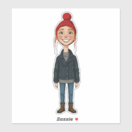 Jeune Fille Rousse Souriante avec Bonnet Rouge et Aufkleber