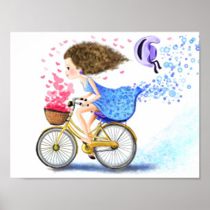 Jeune Fille Sur Un Vélo Poster Amour Coeurs