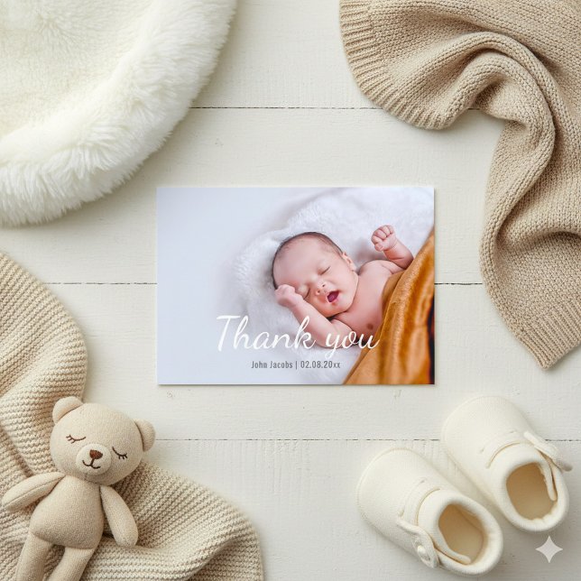 Jeune garçon baby shower, carte de remerciements (Thank you photo card for baby shower, newborn celebration.)
