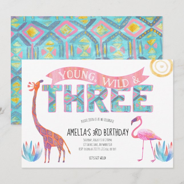Jeune, sauvage et trois Invitation d'anniversaire (Devant / Derrière)
