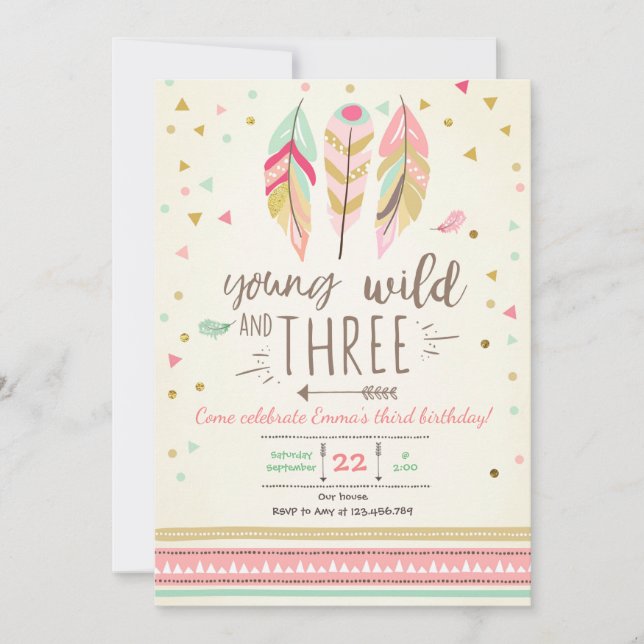 Jeune sauvage et trois invitation fille rose or 3è (Devant)