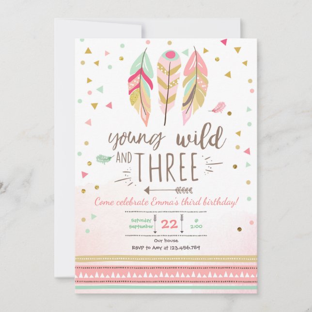 Jeune sauvage et trois invitation fille rose or 3è (Devant)