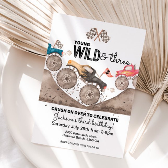 Jeune Wild Trois Anniversaire Monster invitation d (Young Wild and Three Monster truck invitation, third birthday)