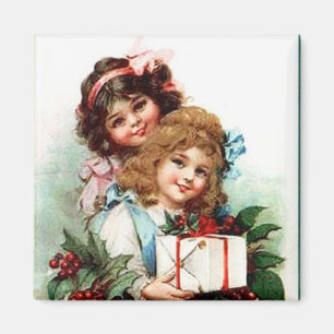 Jeunes Filles Avec Cadeaux De Noël Magnet Vintage