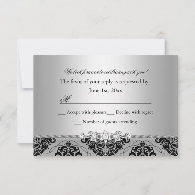 Jewel & Black Damask Silver UAWG RSVP Karte (Vorderseite)
