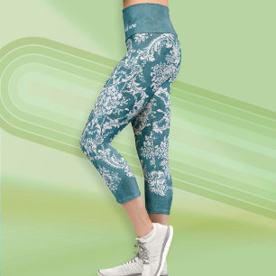 Jewel Blue Grungy Damask Pattername Capri Leggings