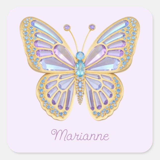 Jewel Butterfly Lila Blue Quadratischer Aufkleber (Vorderseite)