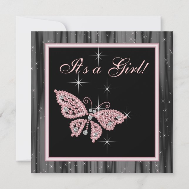 Jewel Butterfly Pink Black Baby Girl Dusche Einladung (Vorderseite)