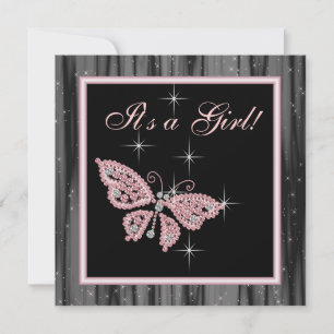 Jewel Butterfly Pink Black Baby Girl Dusche Einladung