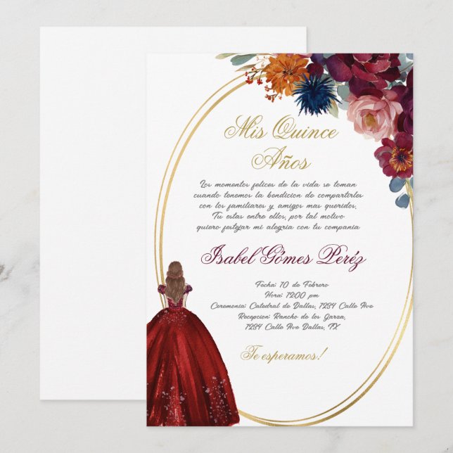 Jewel floral Quinceanera Einladung Spanisch (Vorne/Hinten)