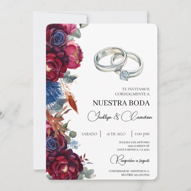 Jewel Floral Spanish Wedding Einladung (Vorderseite)