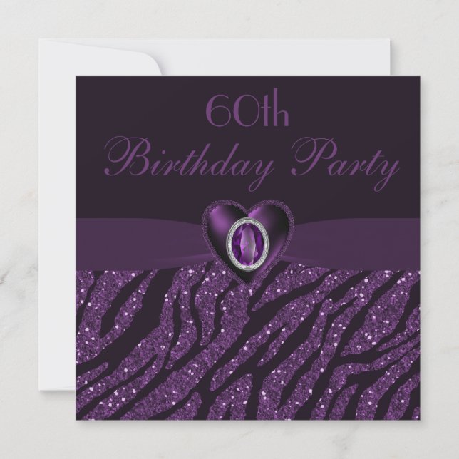 Jewel Heart & Zebra Glitzer 60. Geburtstag Einladung (Vorderseite)