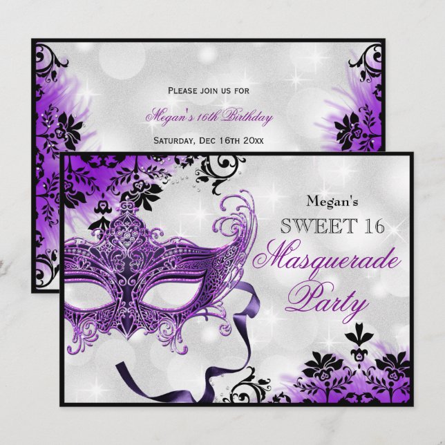 Jewel Mask & Damask Lila Masquerade Sweet 16 Einladung (Vorne/Hinten)