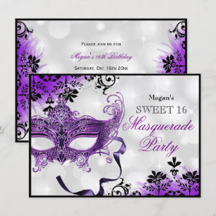 Jewel Mask & Damask Lila Masquerade Sweet 16 Einladung