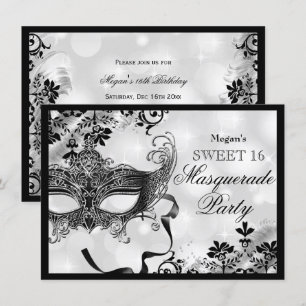 Jewel Mask & Damask Silver Masquerade Sweet 16 Einladung
