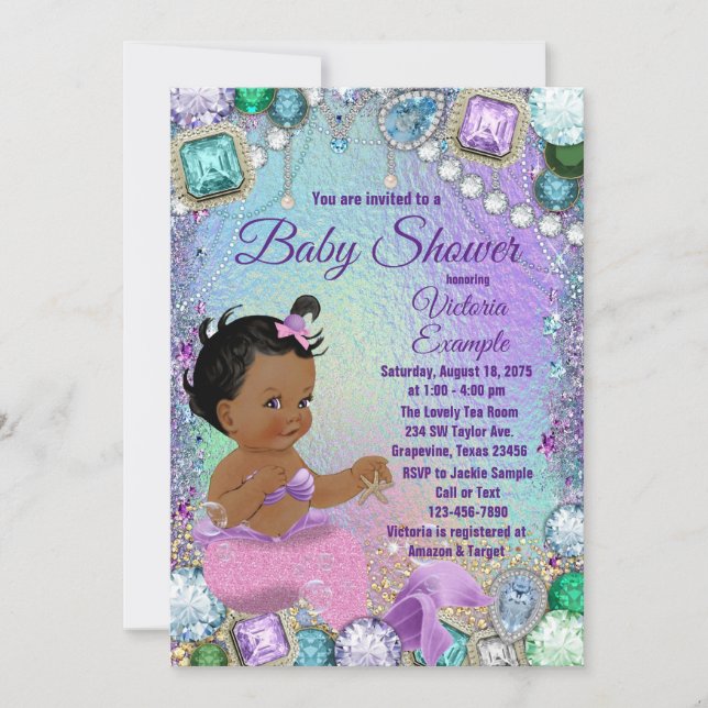Jewel Mermaid African Mermaid Pink Baby Dusche Einladung (Vorderseite)