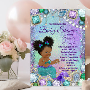 Jewel Mermaid Afro Hair Baby Dusche Einladung Postkarte