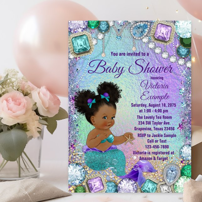 Jewel Mermaid Afro Hair Baby Dusche Einladung Postkarte (Postcard baby shower invitation. You can add your return address to the back to save time.)