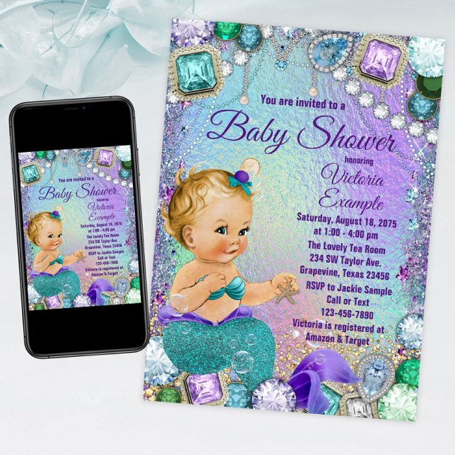 Jewel Mermaid Blonde Mermaid Baby Dusche Einladung (Mermaid baby shower invitation with cute mermaid baby on a jewel background. For print or download.)