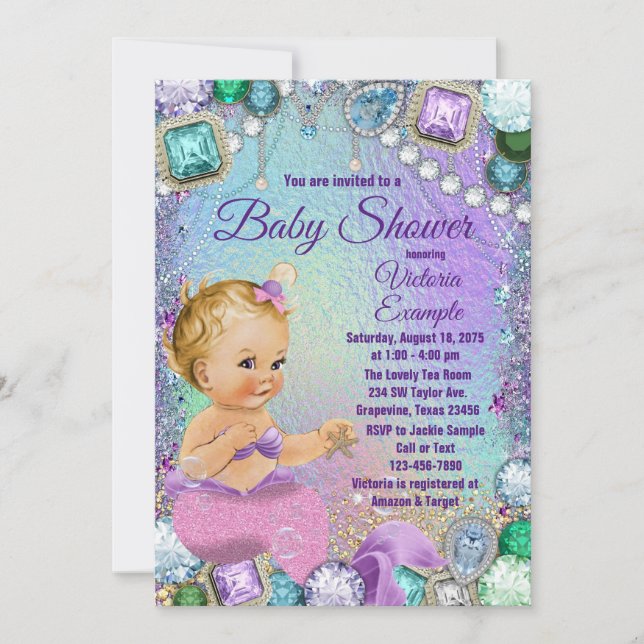 Jewel Mermaid Blonde Pink Mermaid Baby Dusche Einladung (Vorderseite)