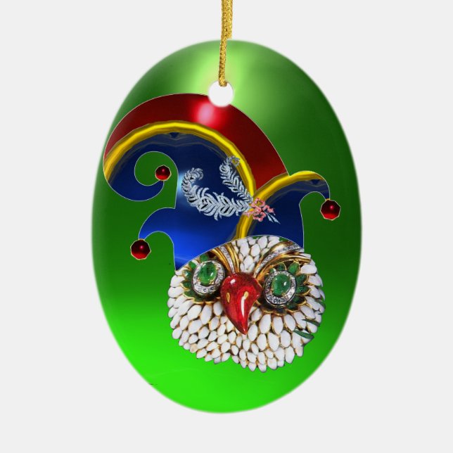 JEWEL OWL UND ELF HAT MIT DIAMOND FEATHERS KERAMIK ORNAMENT (Vorne)