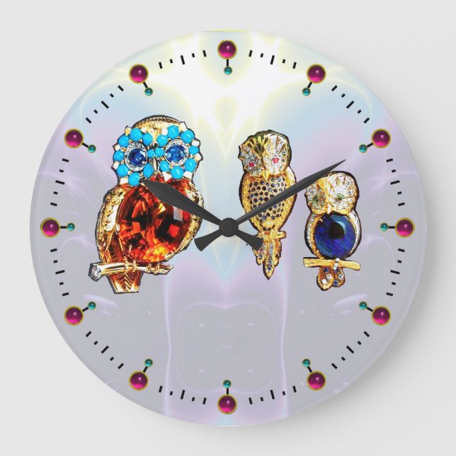 JEWEL OWLS Gold, Blue Turquase topaz Große Wanduhr (Vorderseite)
