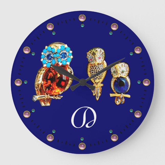 JEWEL OWLS Monogram Gold, Blue Turquase topaz Große Wanduhr (Vorderseite)