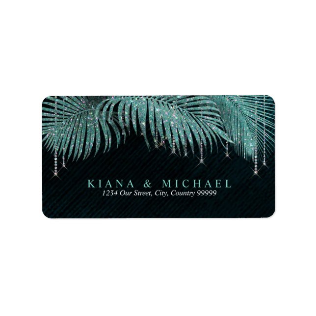 Jewel Palm Leaf Wedding Aquamarin ID830 Adressaufkleber (Vorne)
