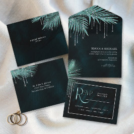 Jewel Palm Leaf Wedding Aquamarin ID830 All In One Einladung